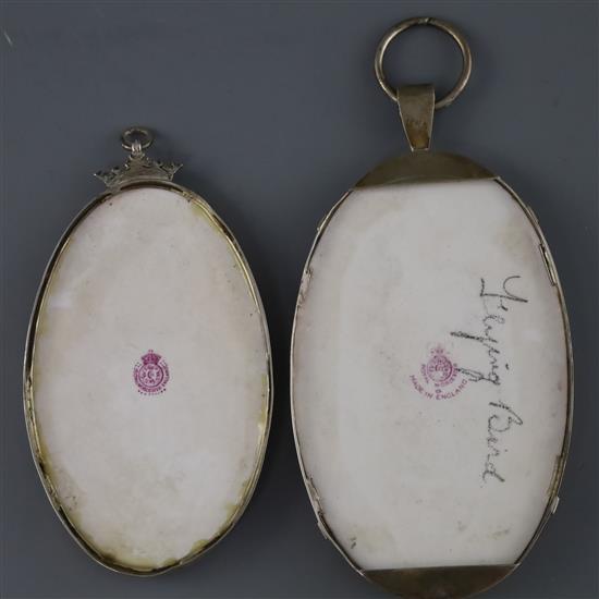 Two Royal Worcester oval porcelain plaques, 13 and 11cm including mounts